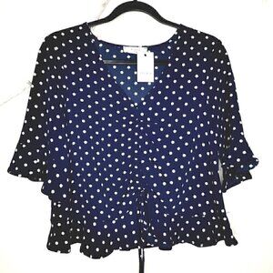 NWT Elodie Women's M Bell Short Sleeve Ruffled Round Neck Adjustable Tie Blouse